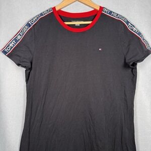 Tommy Hilfiger T-Shirt Midi Dress Y2K Logo Tape Black Stretch Cotton Sz XL
